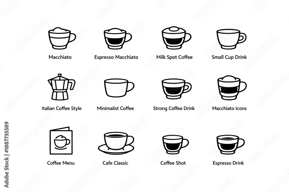 Obraz premium Assorted coffee icons featuring cups and moka pot illustrations
