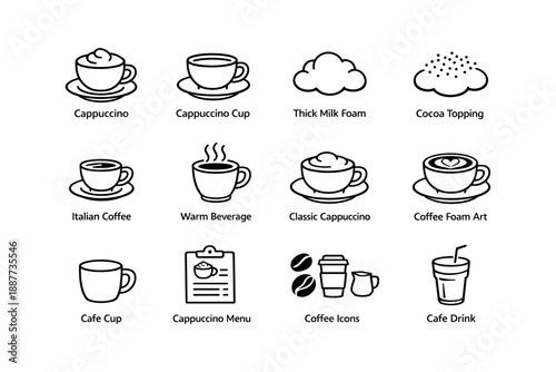 Collection of coffee line art icons featuring cups, foam, and menus