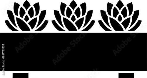 Three black succulent plants in a rectangular planter. Minimalist style. Vector illustration for home decor, garden, nature concept