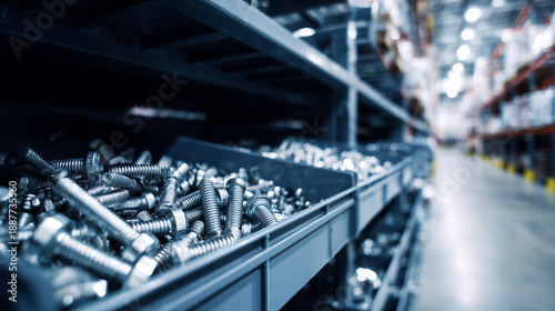 hardware store / warehouse aisle with metal shelves filled with bolts, screws, nuts and washers, close-up focus on the front row of shiny metal fasteners, stacked neatly in bins, l
