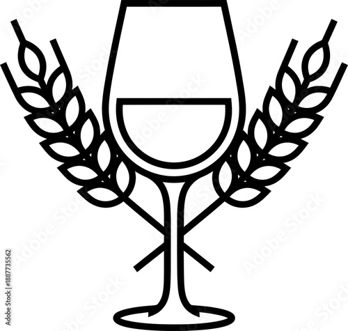 Outline icon of a wine glass and two ears of wheat. Concept of agriculture, harvest, beverage. Vector illustration for logo, symbol