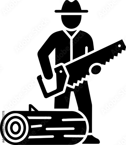 Man woodcutter with hat holding hand saw icon. Professional logger cutting block of wood. Forestry work. Glyph style. Vector symbol
