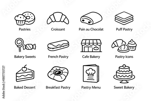 Assorted pastry icons including croissant, pain au chocolat, and bakery sweets