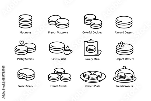 French macarons icons set: pastry sweets, almond dessert, cafe menu, and bakery elements