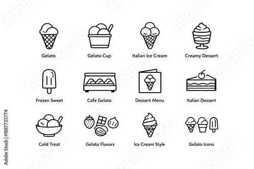 Ice cream and dessert icons featuring gelato, italian treats, and sweet delicacies