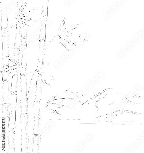 Minimalist of bamboo stalks and distant mountains plant leaf branch