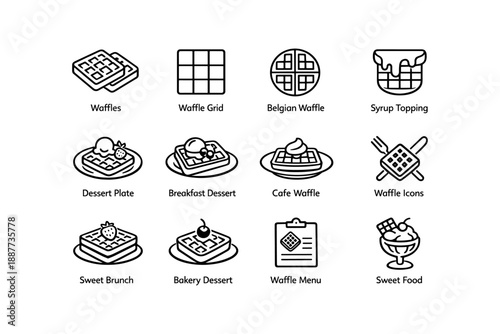 Icon set featuring waffles, grids, toppings, and desserts for sweet brunch