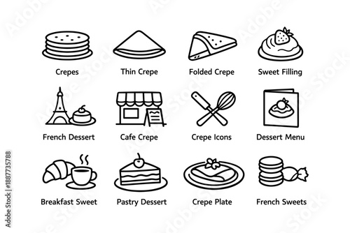 Illustrations of french crepes and desserts with cafe elements and sweet fillings