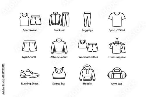 Stylized icons of sports and fitness apparel collection