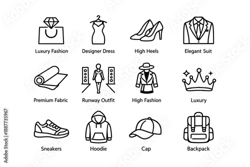 Luxury fashion icons: designer dress, high heels, elegant suit, premium fabric, runway outfit