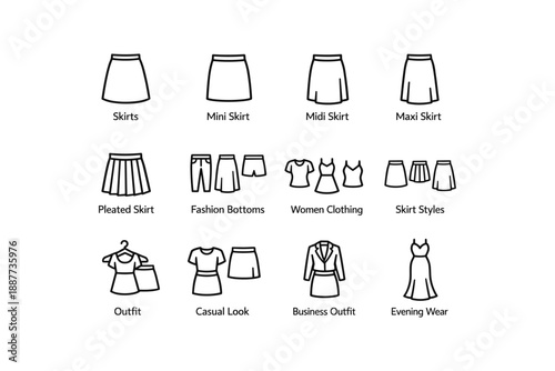 Skirt and clothing styles: mini, midi, maxi, pleated, fashion bottoms, casual and business outfits