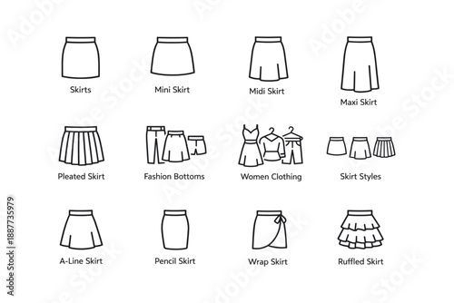 Various skirt styles: mini, midi, maxi, pleated, pencil, a-line, wrap, ruffled