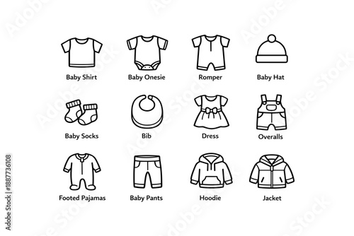 Black and white icons of baby clothing and accessories