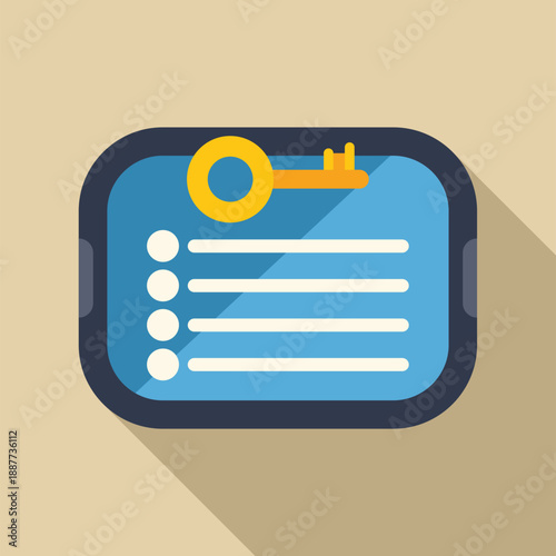 Key unlocking a virtual list on a tablet screen, symbolizing digital security