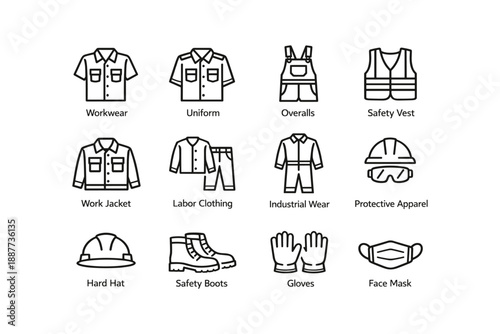 Workwear icons: uniforms, overalls, safety vest, work jacket, protective gear