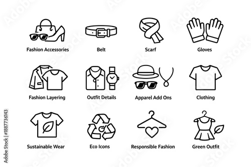 Fashion accessories and apparel icons for sustainable and eco-friendly outfits