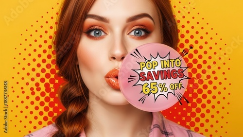 Pop Art Woman Blowing Bubble Gum with 65 Off Savings Message.