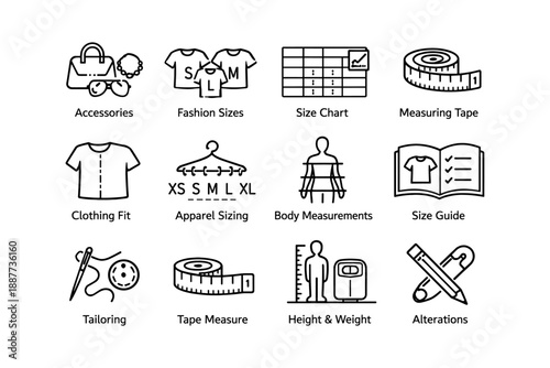 Fashion and clothing measurement icons for tailoring and apparel sizing