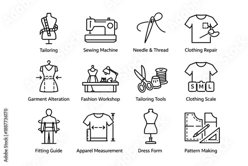 Tailoring tools and techniques: sewing machine, needle, thread, pattern making icons