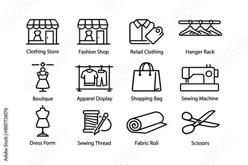 Fashion and sewing icons: clothing store, shopping bag, sewing machine