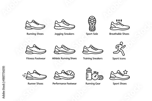 Athletic footwear icons: running, jogging, sport soles, breathable designs