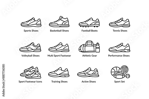 Various sports footwear and gear icons: basketball, football, tennis, volleyball, and athletic equipment