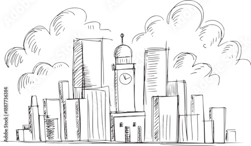 Minimalist pen and ink of city skyline with clock tower and buildings 1