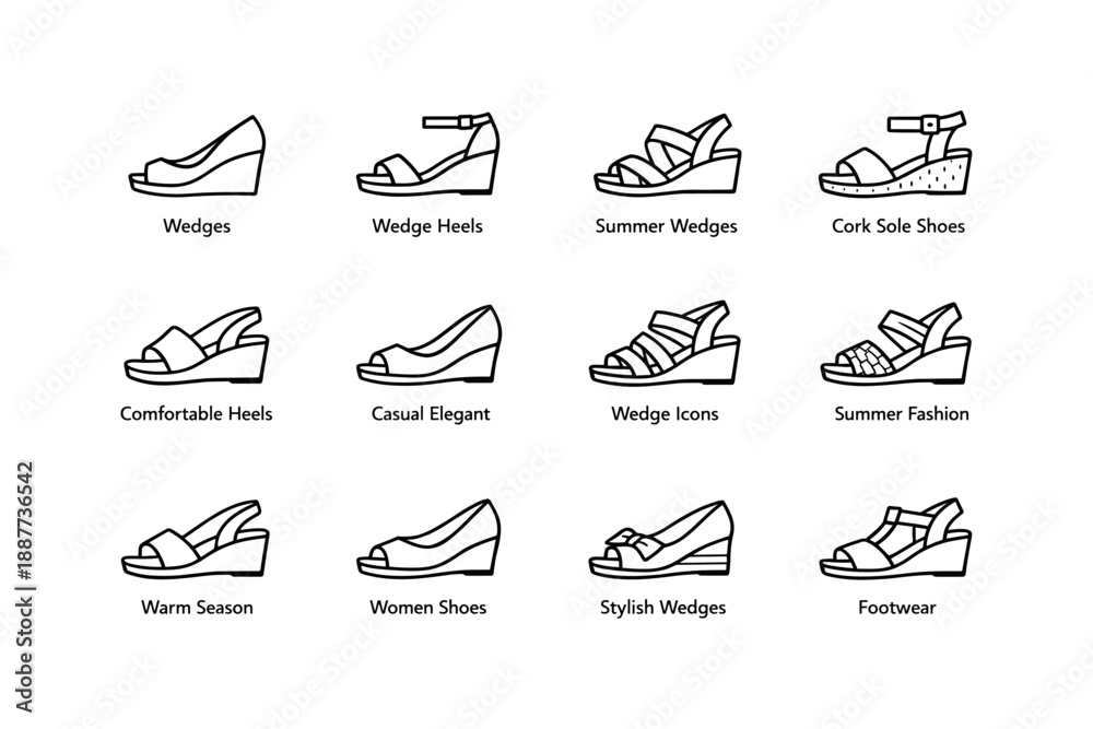 Obraz premium Collection of women's wedge shoe icons for summer fashion and comfort