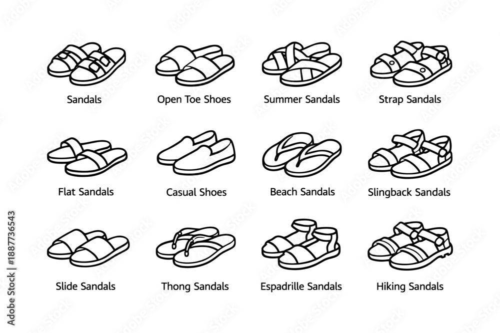 Obraz premium Variety of sandals and shoes: open toe, strap, thong, espadrille, hiking