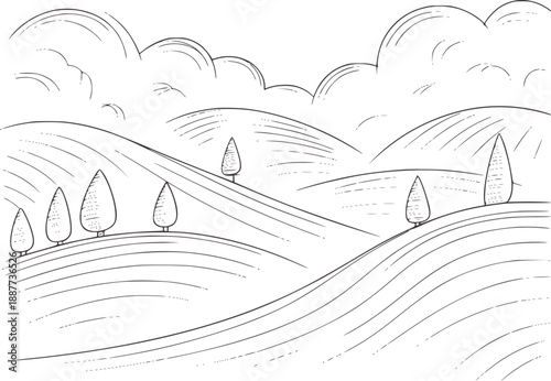 Quadro em tela Of rolling hills with scattered trees and cloudy sky