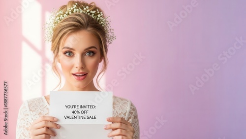 Surprised Bride Holds Valentines Day Sale Sign with Discount Offer.