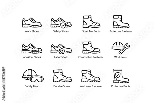 Work and safety footwear icons with helmets and tools