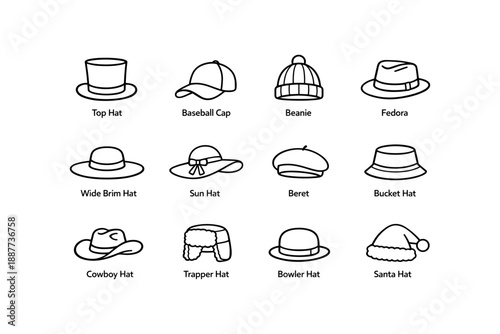 Variety of hat styles: top hat, baseball cap, beanie, fedora, and more