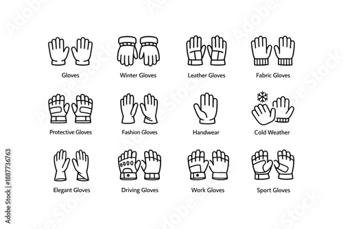 Various types of gloves: winter, leather, fashion, and more designs illustrated