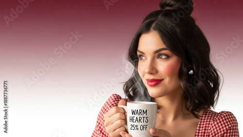 Woman Enjoying a Warm Beverage with a Festive Design.