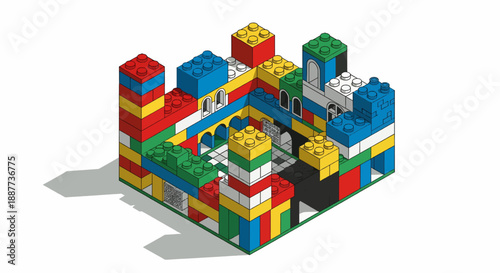 Colorful Lego blocks building a castle with towers and arches