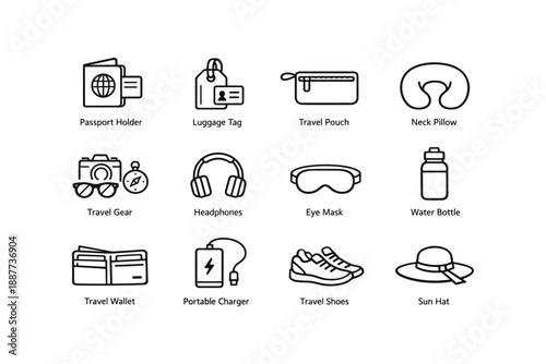 Essential travel items: passport holder, luggage tag, travel pouch, neck pillow, more