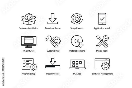 Icons representing software installation and setup processes