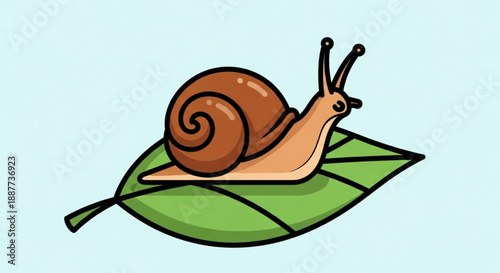 A cartoon snail with a brown shell sits on a green leaf against a light blue background conveying a sense of calmness and serenity in nature