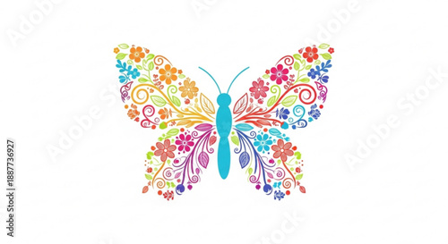 Colorful butterfly with floral patterns on wings spread wide on white background with vibrant swirls