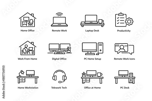 Remote work essentials: office icon set for home and digital workspaces
