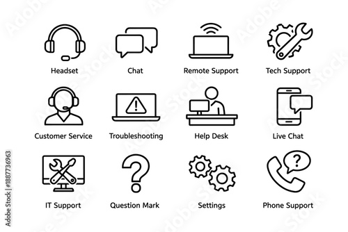 Tech support icons set: headset, chat, remote support, troubleshooting, it services