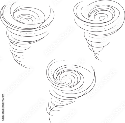 Three minimalist line tornado showing swirling wind patterns cyclone hurricane storm