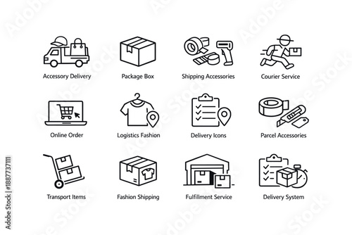Logistics and delivery icons: shipping, courier, tracking, online order, package management