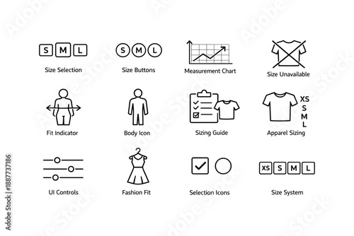 Clothing size icons for measurement, selection, and fit guide with apparel sizing