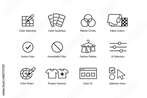 Color selection icons: swatches, palette circles, fabric, ui selectors, fashion