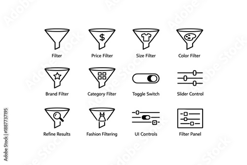 Filter and control icons for ui design: price, size, color, toggle, slider