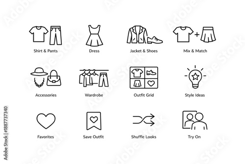 Fashion icons illustrating clothing, accessories, and style ideas