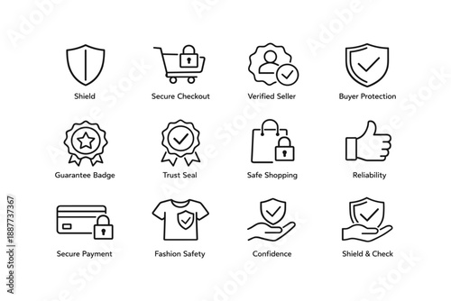 E-commerce security icons: shield, secure checkout, verified seller, buyer protection, guarantee