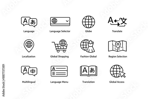 Global language and translation icons for multilingual and region selection design